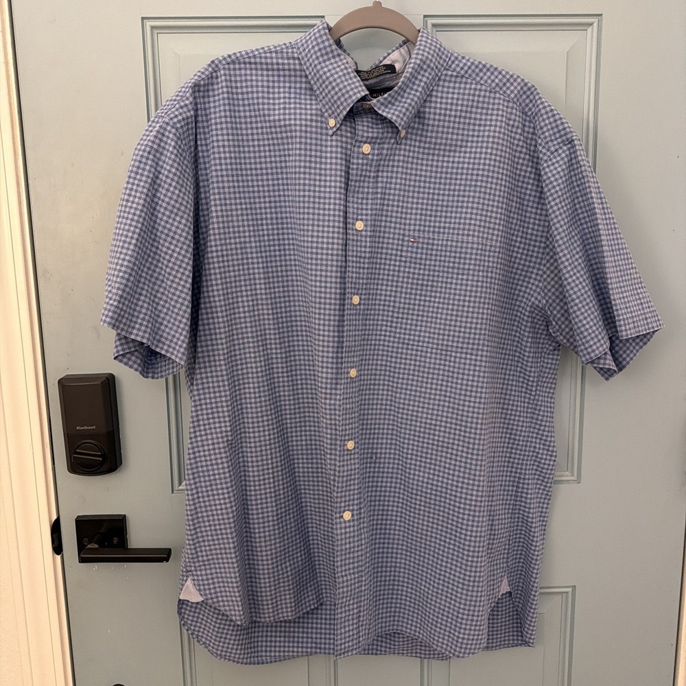 Tommy Hilfiger Mens Blue Gingham Short Sleeve Button Down Shirt XL 80s 2 Ply